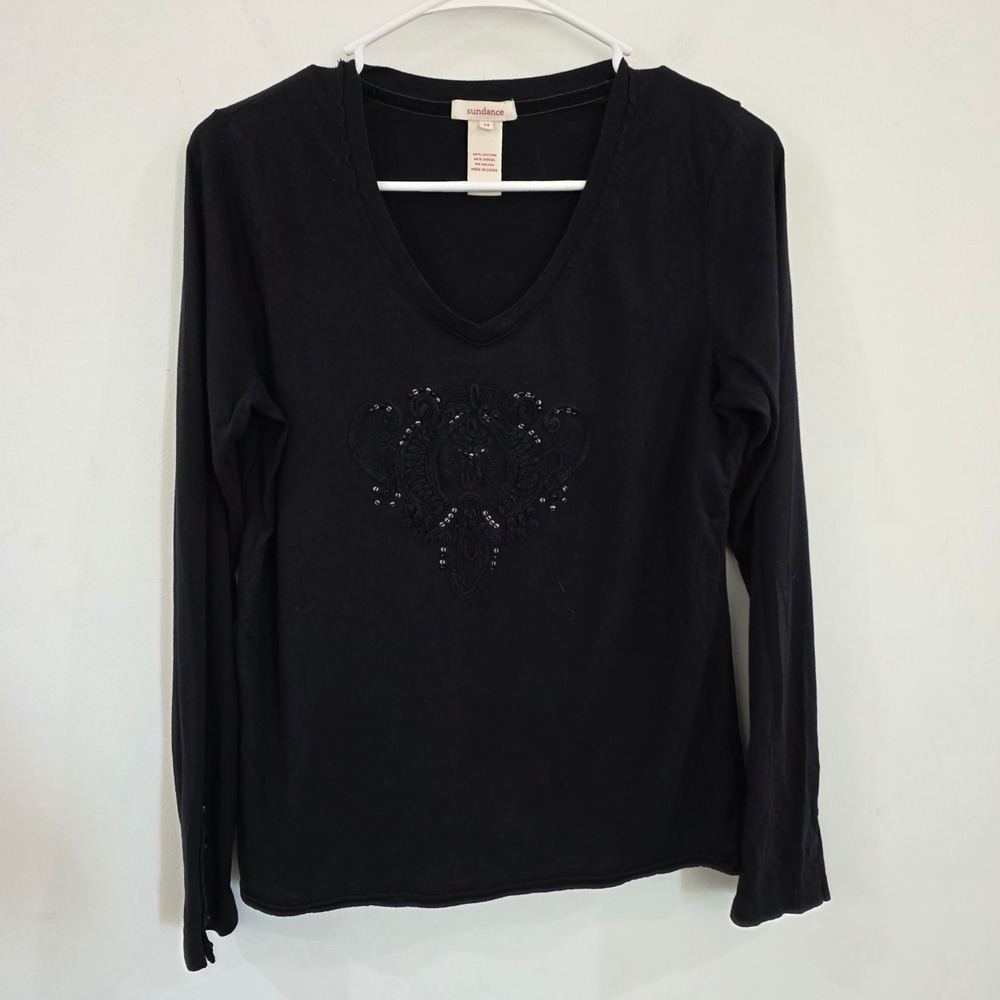Sundance Womens Embroidered Beaded Long Sleeve Top Size Medium Black Cotton